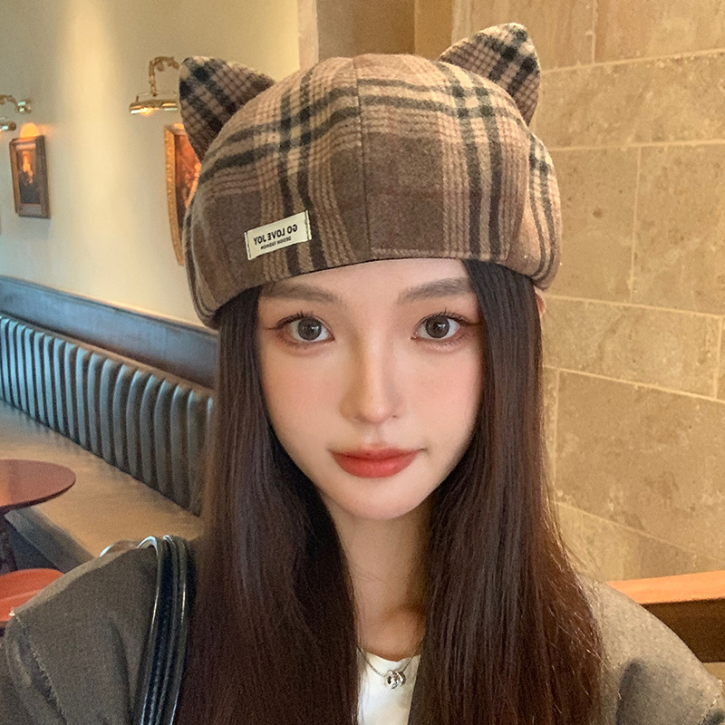 British Style Plaid Beret Autumn Winter Women Cat Ears Cute Octagonal Fashion Versatile Painter Hat_voghion.com