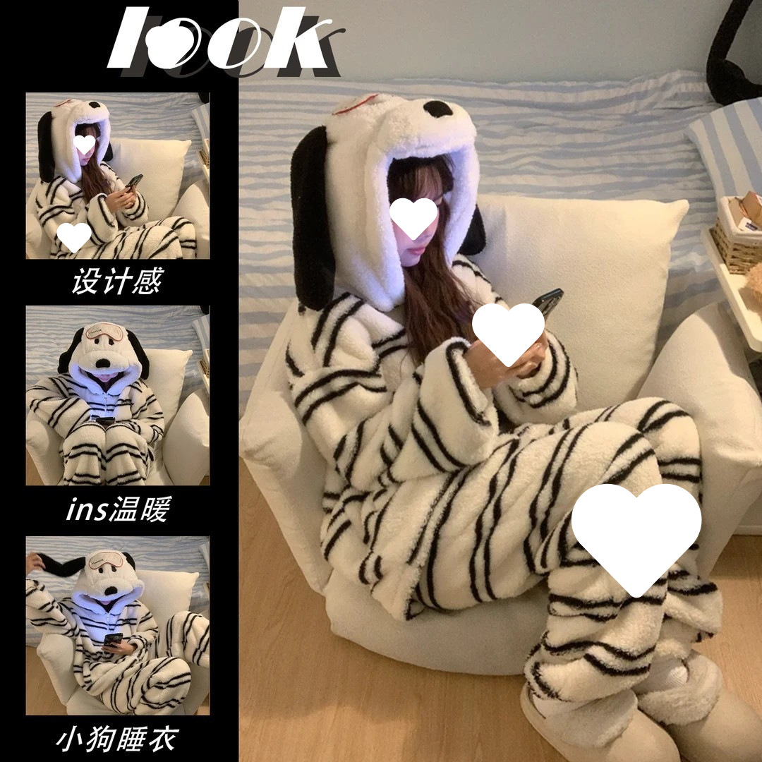 卡通小狗珊瑚绒睡衣秋冬季加绒加厚保暖法兰绒连帽冬天家居服套装