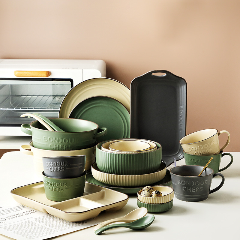 Nordic Ins Style Bowl and Plate Set, Retro Japanese-Style Bowl, Plate, and Chopstick Combination, Ceramic Tableware, Eating Bowl, Soup Bowl, White Porcelain