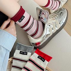 襪子女MIU系堆堆襪條紋布標女中筒襪7A抗菌春夏百搭襪子諸暨襪子