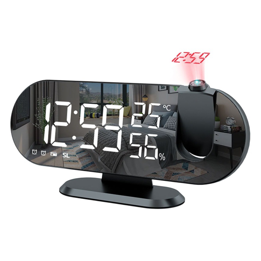 Nueva creativa espejo de pantalla grande reloj despertador digital moderno de temperatura y humedad radio FM luminosa casa reloj de proyección