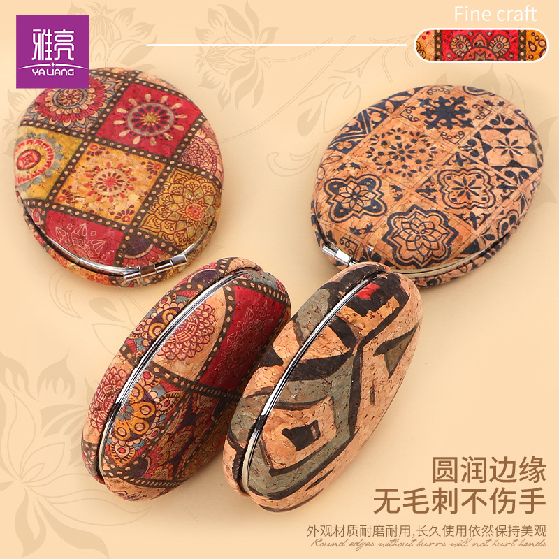 Fuente del fabricante Cuero de grano de madera personalizado estilo bohemio Espejo de doble cara de estilo Xinjiang Espejo plegable Espejo de pan