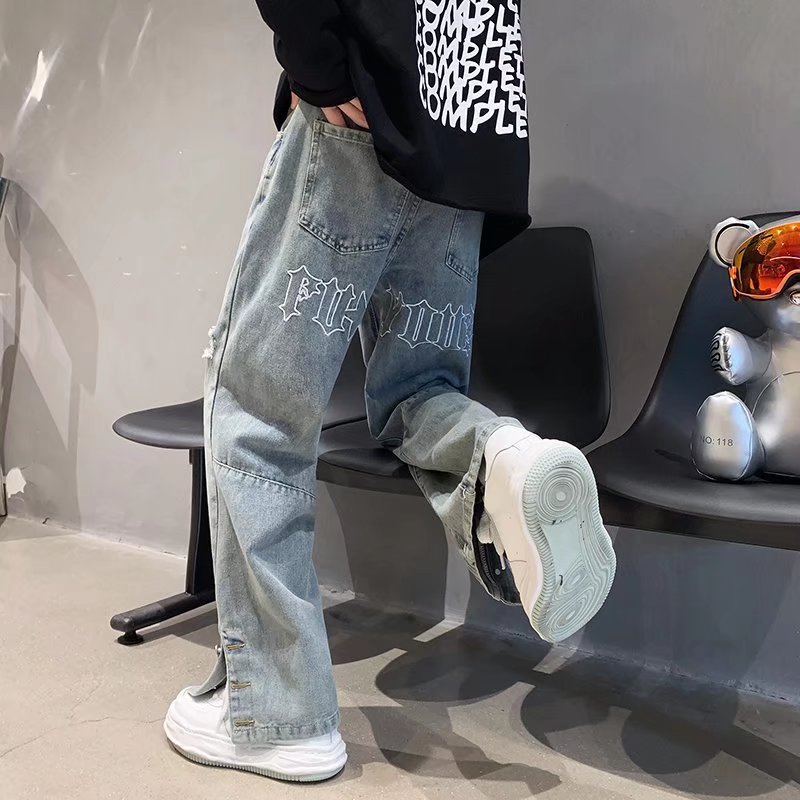 Carta de estilo americano bordado jeans hombres de primavera y verano marca de moda hip hop Pantalones rectos estilo coreano Ruan guapo Pantalones anchos