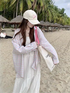 格子防晒衬衫女春夏韩版气质宽松设计感长袖衬衣外套图片色雪尼尔