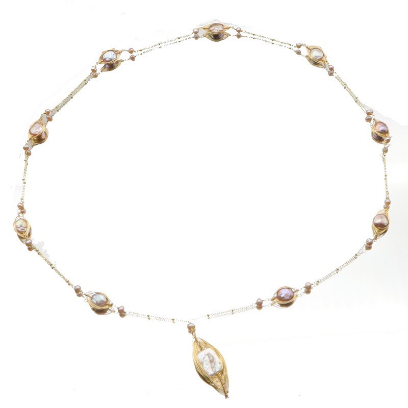 ¡Alta calidad! Cadena de suéter de perlas naturales de alto grado collar de cuello largo elegante de todas las mujeres 18K galvanoplastia de oro real
