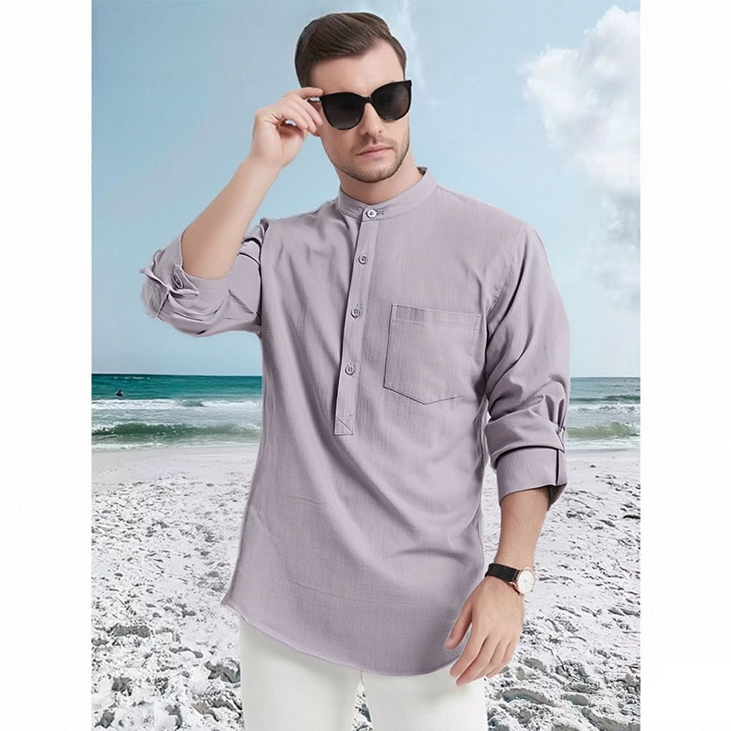 Amazon tamaño europeo camisa de los hombres algodón Henley camisa soporte collar camisa Lino los hombres manga larga fábrica directa en stock camisa