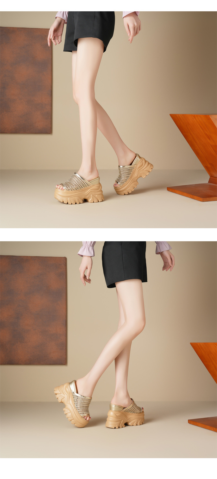 Dép lê đế xuồng dệt rỗng thoáng khí tăng chiều cao 12cm cho nữ, đế xốp dày dáng nhỏ — Màu đen, Màu vàng nhạt, Màu bạc chi tiết 6