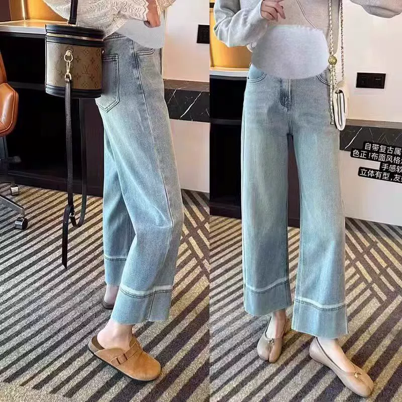Беременные женщины прямые джинсовые широкие брюки 2024 весна и лето новые наружные носить светло-голубые корейские тонкие прямые брюки