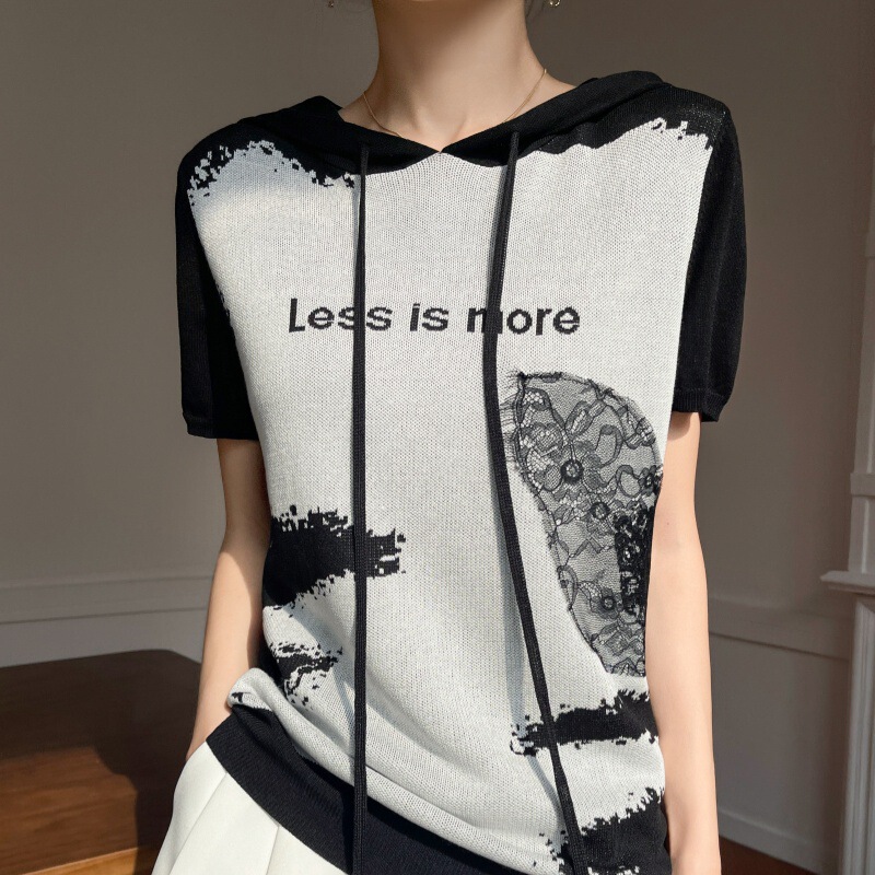 Spring and Summer New Fashion Hooded Lace Splicing Tencel Knitwear Short-Sleeved Feminine Versatile Color Matching Casual Top