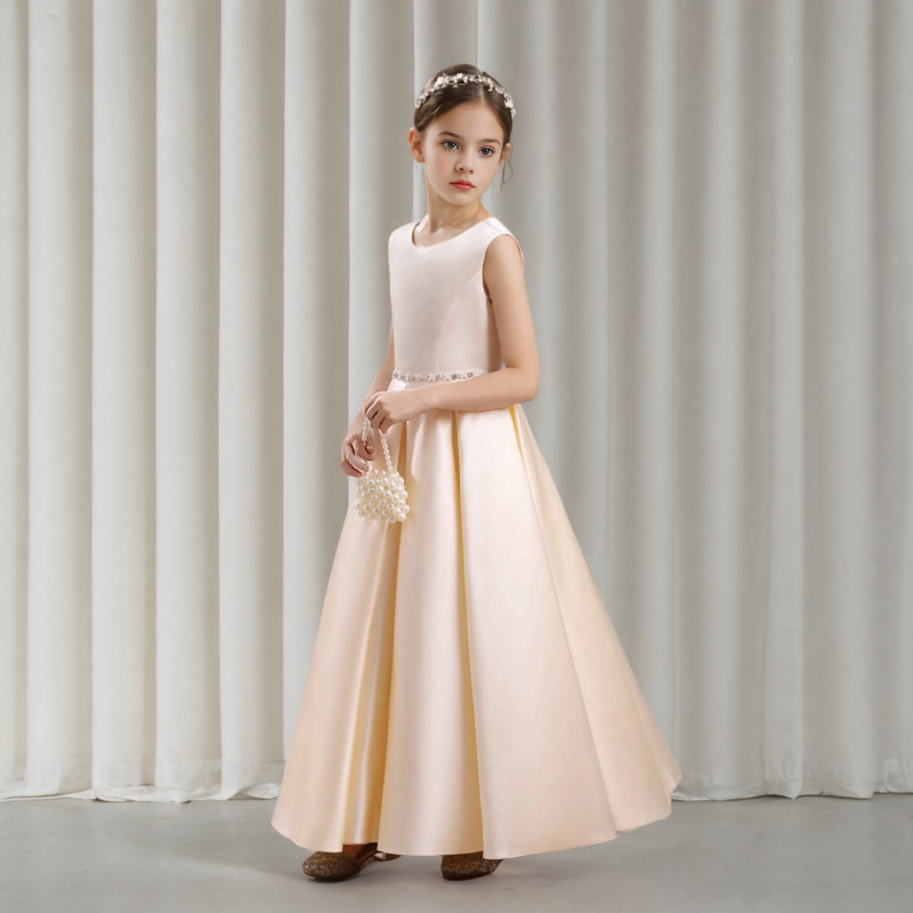 Mädchen Satin Kleid Ärmellos Mit Rundhals Für Chor Und Auftritte_voghion.com
