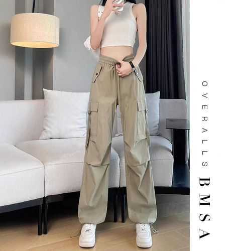 Khaki-colored cargo pants for women, spring/summer quick-drying thin style, American paratrooper style, slim-fit straight-leg sports casual pants for petite individuals