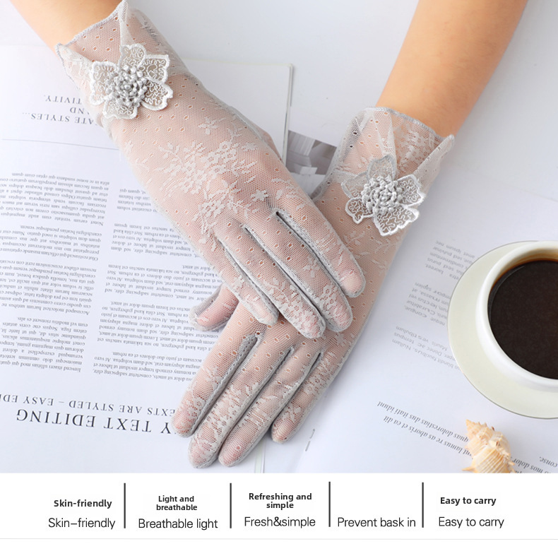 Summer thin ice silk gloves women's short thin outdoor cycling driving lace breathable touch screen sun protection gloves wholesale_voghion.com