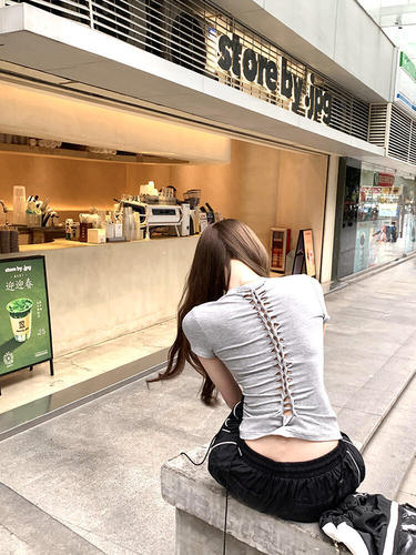 260g Cotton Modal T-shirt with Back Cut-Out, Women's Fitted Slimming Short-Sleeve Top, Grey, American Style