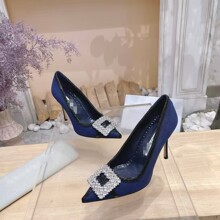 欧洲站新款MB绸缎拼接黑皮边女鞋水钻尖头细跟高跟鞋浅口单鞋女