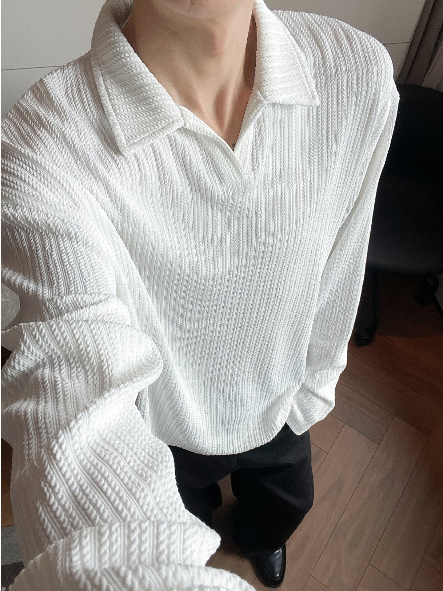 Long-sleeved base layer shirt, spring and autumn polo shirt, men's casual T-shirt, loose lapel textured inner layer solid color top