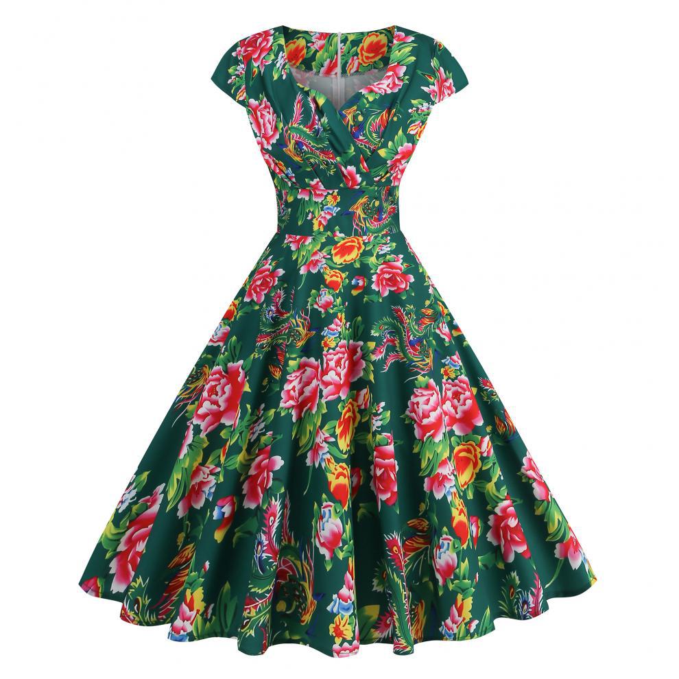 Robe amincissante à imprimé floral rétro et col en V pour femme – Robe d'été élégante mi-longue à manches courtes_voghion.com