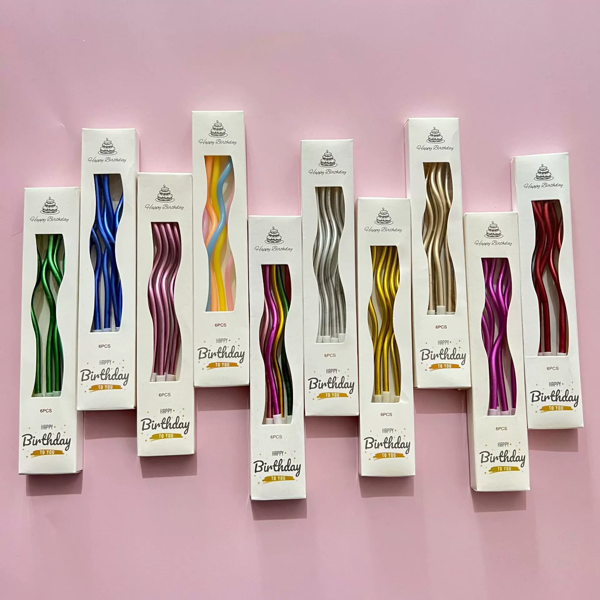 镀金弯曲蜡烛彩色曲线镀金多彩生日蛋糕蜡烛 6支盒装生日派对用品
