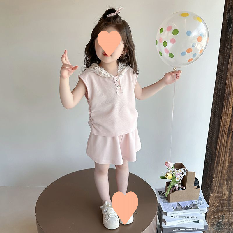 女の子の夏のノースリーブスーツ 2025 新しい子供のフード付きベストショーツツーピースベビー夏服|undefined