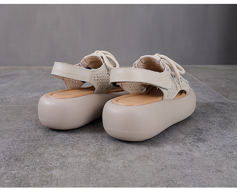 Dép sandal nữ miệng cá đế dày da bò cổ điển, hở ngón lỗ đục lỗ — Màu be chi tiết 12