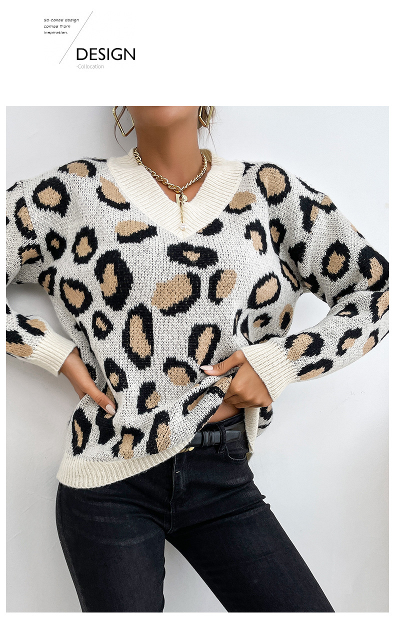 Maglione a maniche lunghe sciolto girocollo lavorato a maglia con stampa leopardata_voghion.com