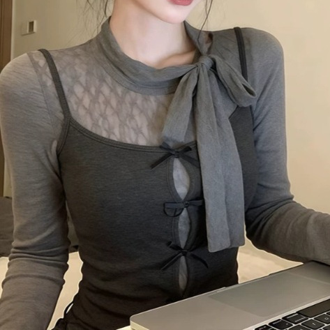Wholesale autumn and winter lace + rayon bow tie strap layered slim-fit inner wear women's long-sleeve top two-piece set