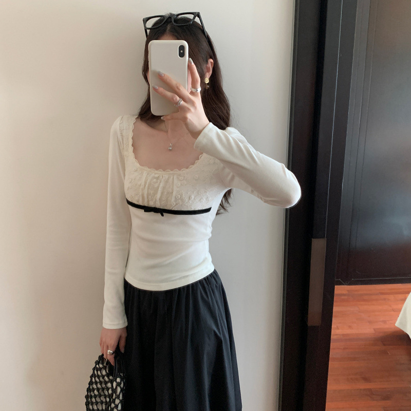 韩系chic别致蕾丝拼接方领纯欲长袖T恤女2025春秋季新款修身上衣|undefined