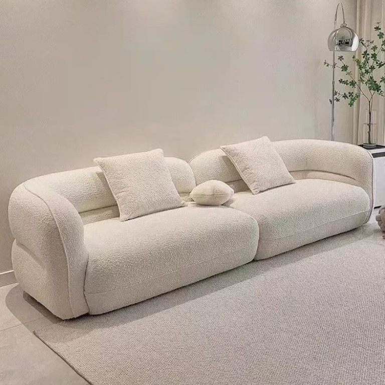 Lamb Velvet Three-Person Straight Sofa Nordic Cream Style Off-White Fabric Sofa Curved Living Room Small Apartment Wave Ball