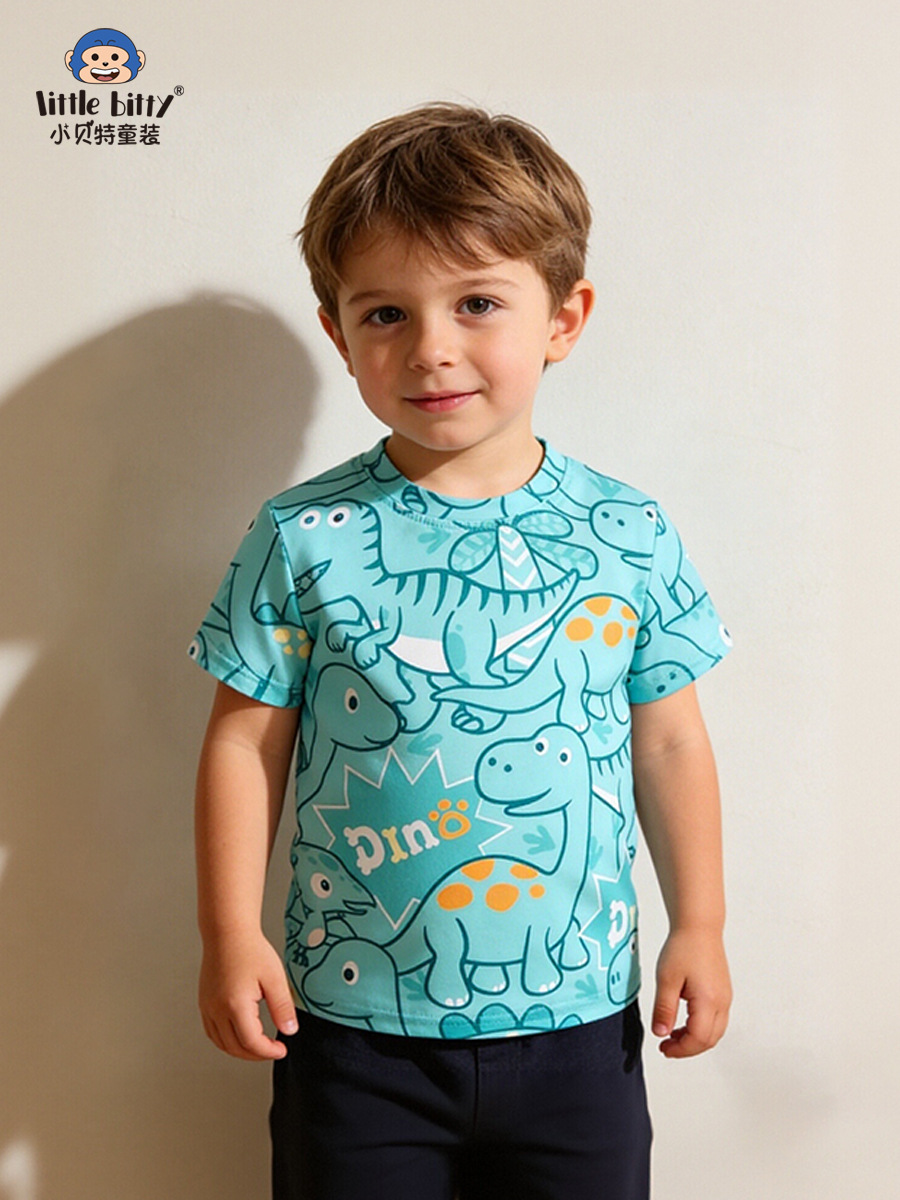Cross-Border Children's Clothing 26Th Spring/Summer Boys' T-Shirt Cartoon Dinosaur Abstract Round Neck Printed Children's Short-Sleeve Base Shirt