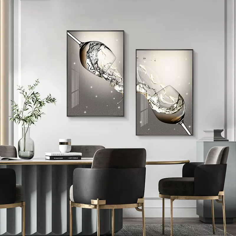 九鱼图双联餐厅装饰画创意酒杯挂画现代简约饭厅背景墙好寓意壁画
