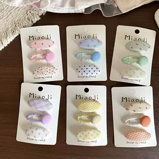 新款儿童布艺格纹纽扣发夹甜美女童侧边刘海碎发BB夹樱桃椭圆发卡