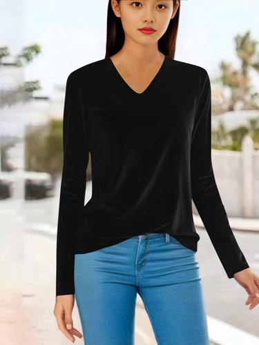 European and American gold velvet bottomed shirt, women's spring long-sleeved V-neck T-shirt, pure color, women's clothing, all-matching, slim fit and slimming