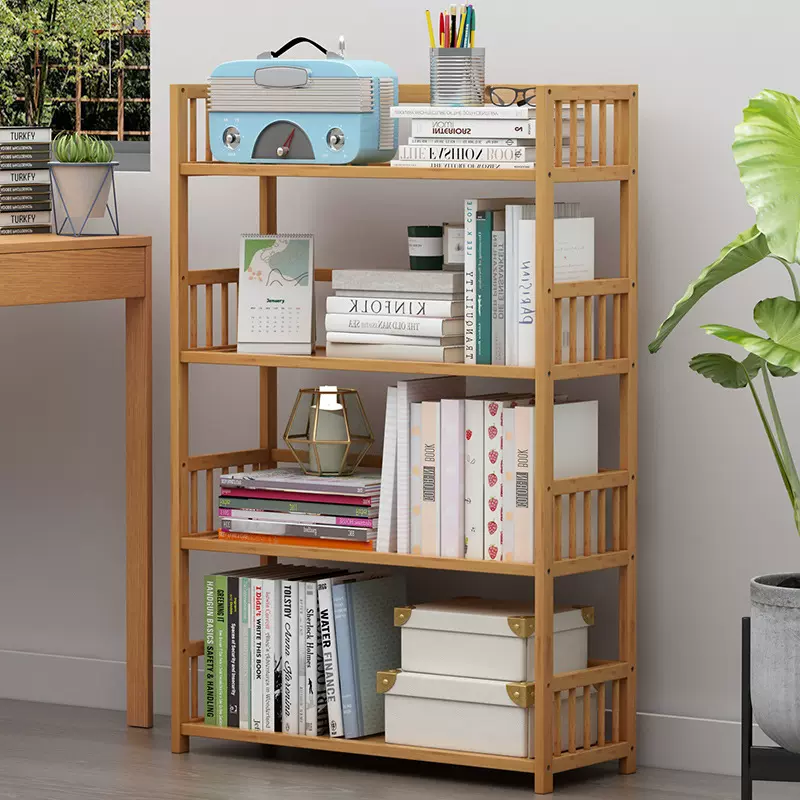 简易书架落地面置物架子办公室家用收纳架儿童学生书柜客厅书房竹