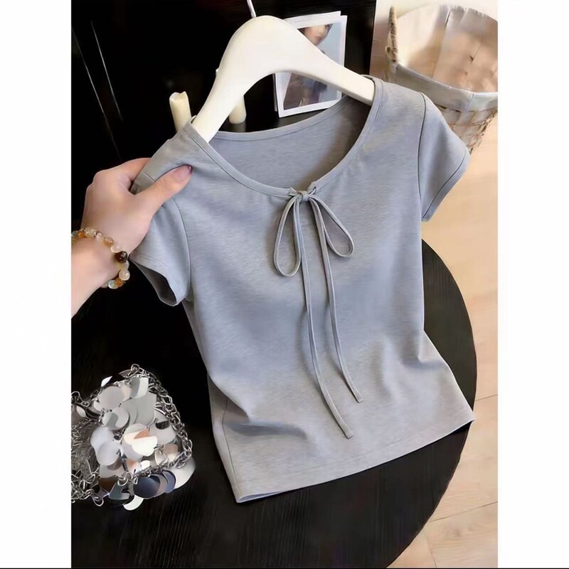 Korean Style Pure Desire Lace-Up Short-Sleeve T-Shirt for Women, Summer 2026, Waist-Cinching Slim Fit, Unique and Stunning Top