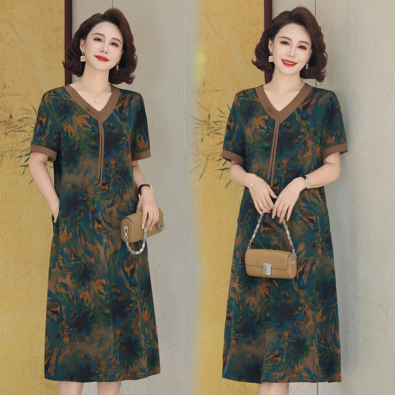 50-Something Mother's Dress, Summer Dress, Elegant and High-End Lady, Middle-Aged and Elderly Women's New Chinese Style Short-Sleeved Dress