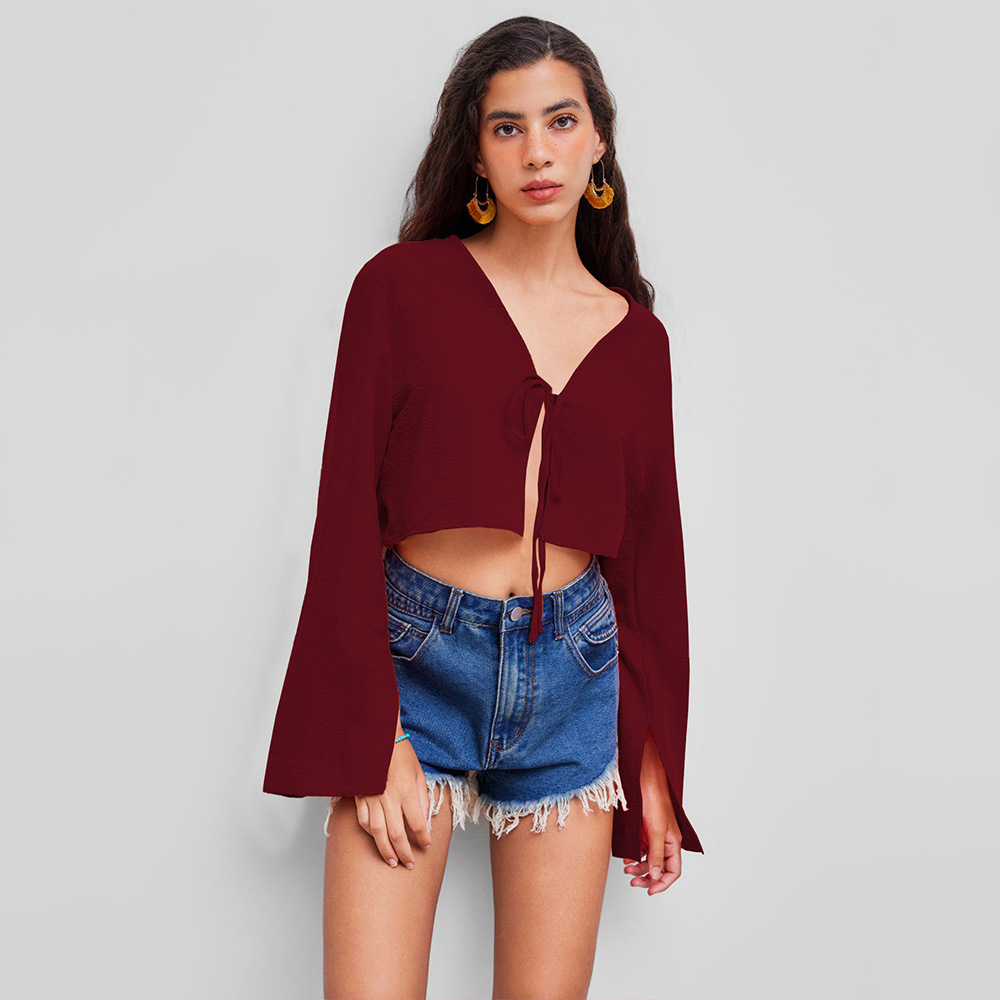 Voya 2026 Sexy V-neck T-shirt With Spring And Summer Chest Tie, Niche Burgundy Cardigan Top, Women's Clothing_ecoleips.com