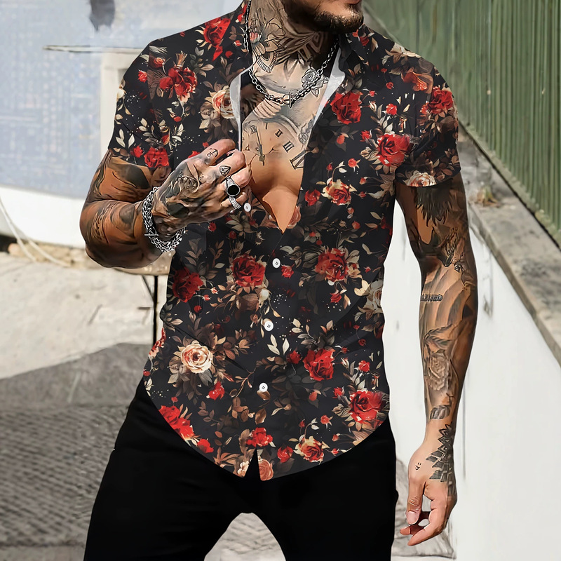 2026 Summer Men's Black-Base Red Rose Print Short-Sleeve Shirt, Cross-Border Plus Size Hawaiian Vacation Casual Shirt