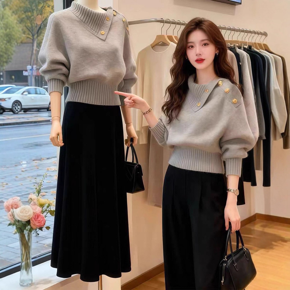 Korean-Style Design, Mature Gray Knit Sweater with a Side-Turn Collar for Women, Versatile Thick Sweater for Autumn and Winter