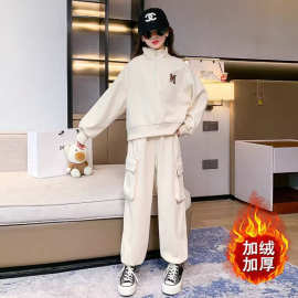 女童冬装加绒一体绒卫衣卫裤两件套2025新款大童韩版洋气运动套装