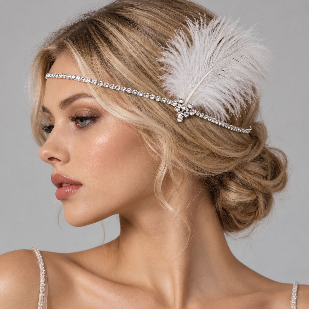 European and American retro-style, full-of-rhinestones feather headband, perfect for a Gatsby-themed bridal wedding, party, or dance performance. Hair accessory