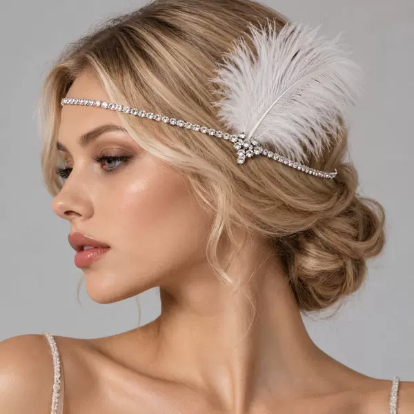 European and American retro-style, full-of-rhinestones feather headband, perfect for a Gatsby-themed bridal wedding, party, or dance performance. Hair accessory