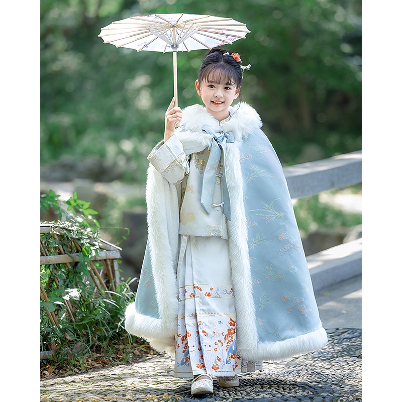 Blue Girls' Hanfu Hooded Cloak Fairy Hair Collar Chinese Style fleece-lined Thickened fleece-lined Long Cloak for Little Girls