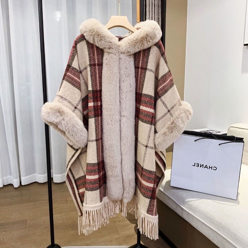 Scotland Autumn and Winter Plus Size Loose Plaid Hooded Tassel Knit Cardigan Women's Cape Shawl for Warmth