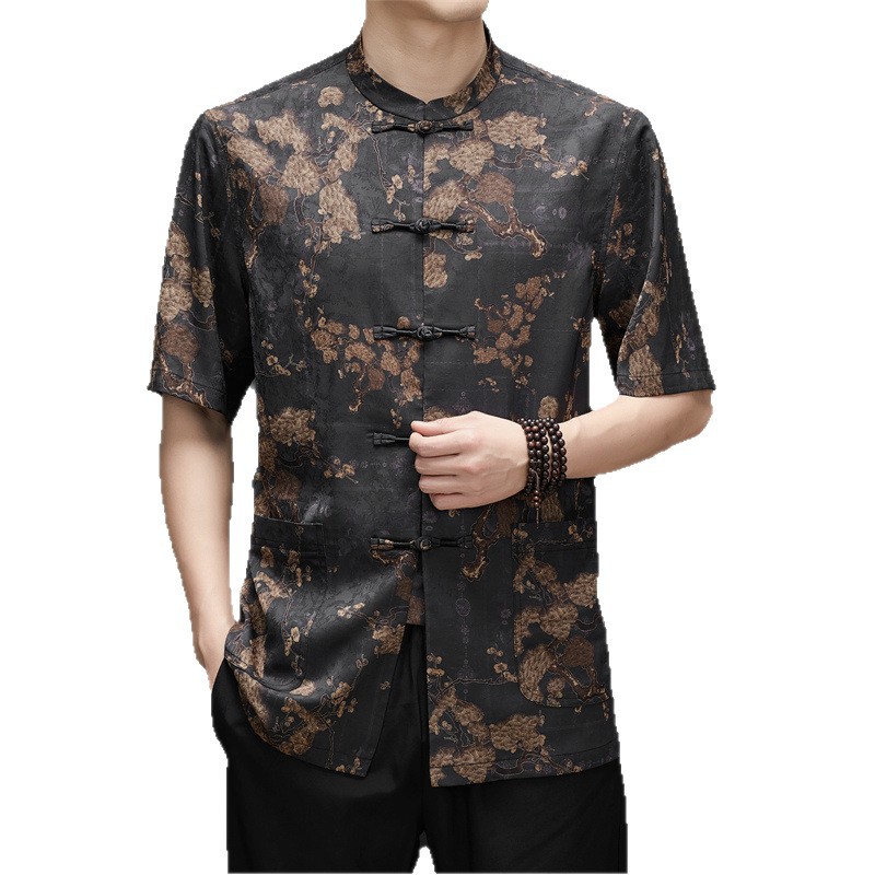 Bộ đồ lụa tơ tằm nam phong cách Trung Hoa mùa hè mỏng, quần dài tay ngắn dáng rộng — Bộ đồ đen 2280