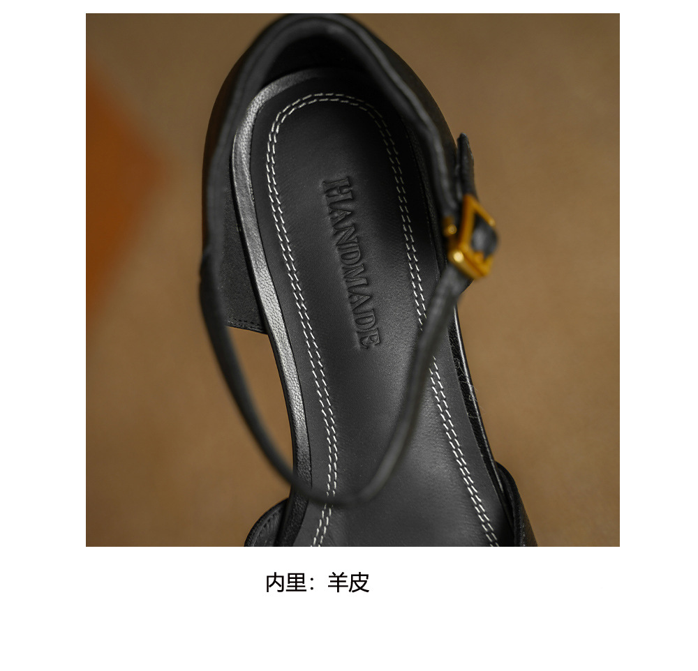 Sandal nữ da dê chạm trổ hoa văn, gót vuông 4,5 cm, mũi vuông hở mũi — đen chi tiết 18