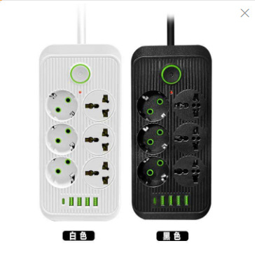 大功率6孔插座欧规排插家用带线插板5USB电源插排接线板跨境批发