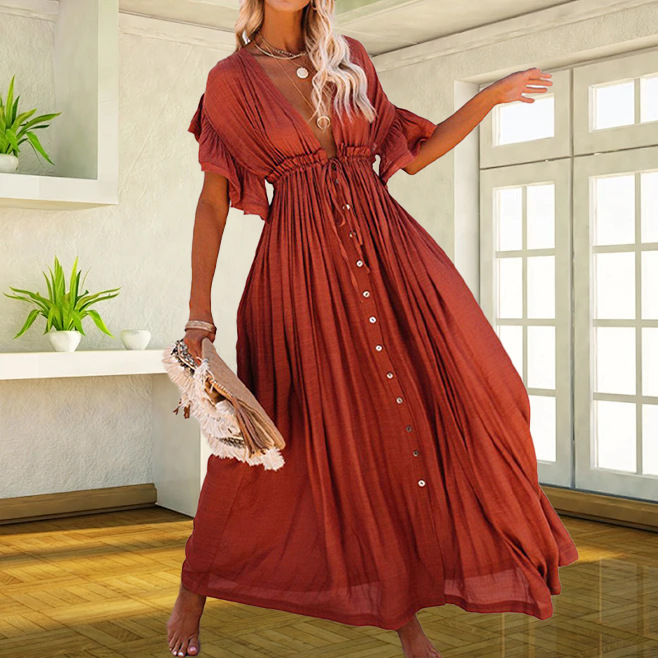 Solid Colour Long Beach Cover-up Dress Sun Protection Shirt_voghion.com