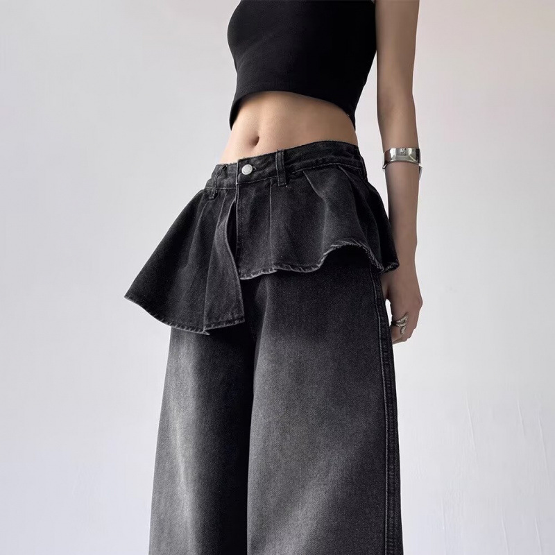 High-End Fake Two-Piece Small Skirt Design Jeans for Women 2025 Spring and Autumn New Style Drapey Wide-Leg Pants Wholesale