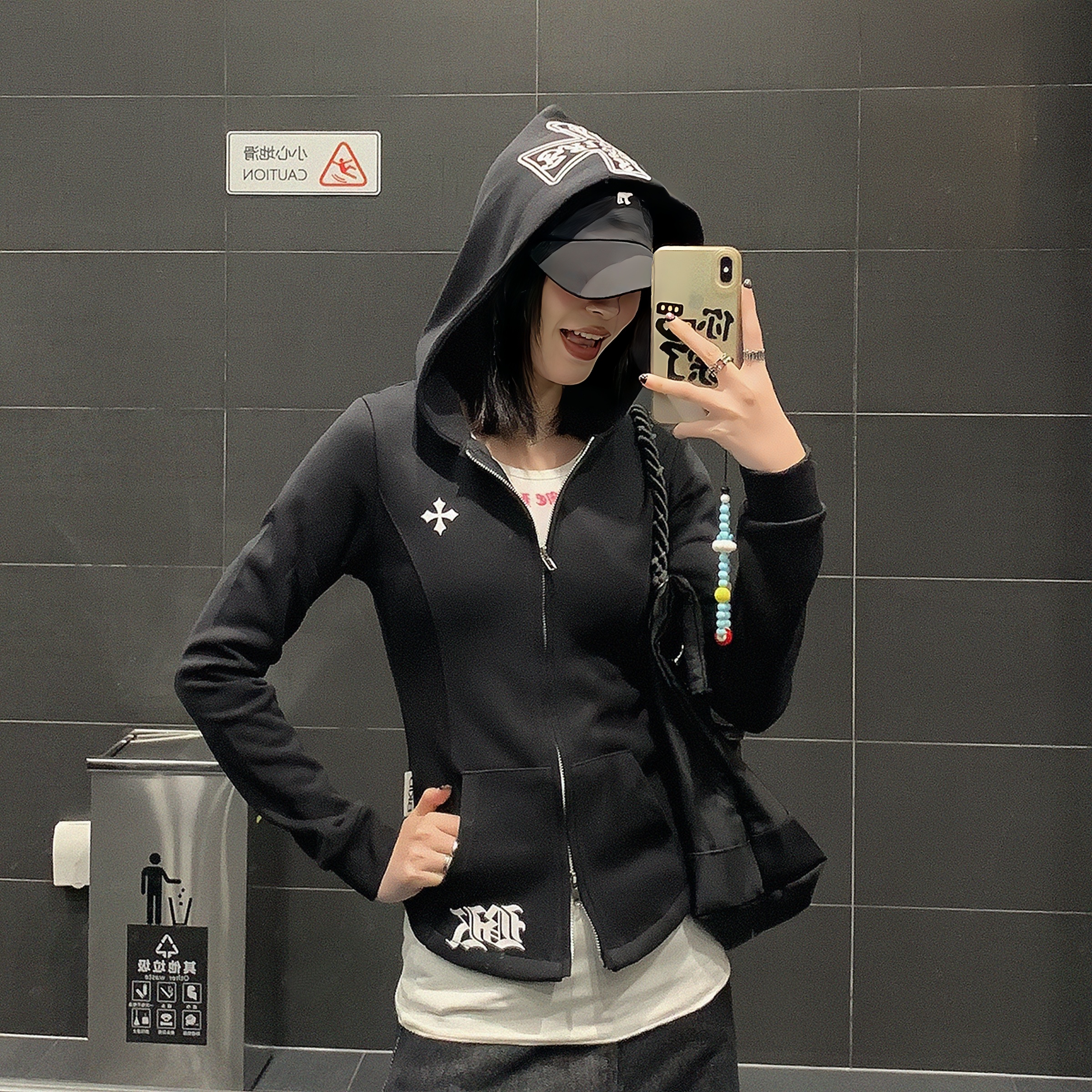 American Retro Sexy Cross Print Hooded Sweatshirt for Women Early Autumn New Slimming Look Waist Short Cardigan Jacket