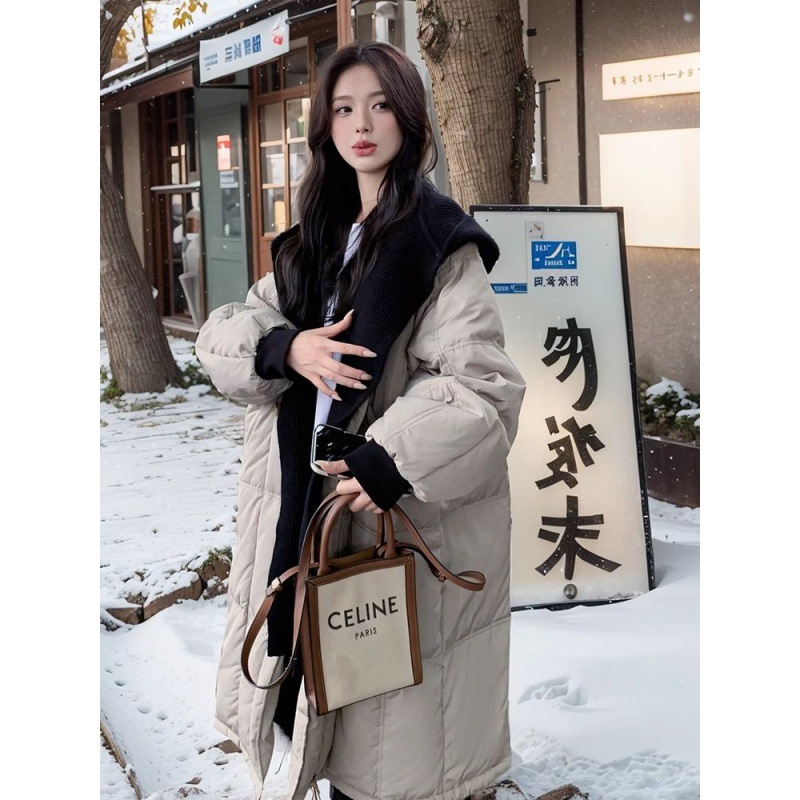韩版针织拼接羽绒服女2023冬季新款今年流行连帽中长款保暖外套潮