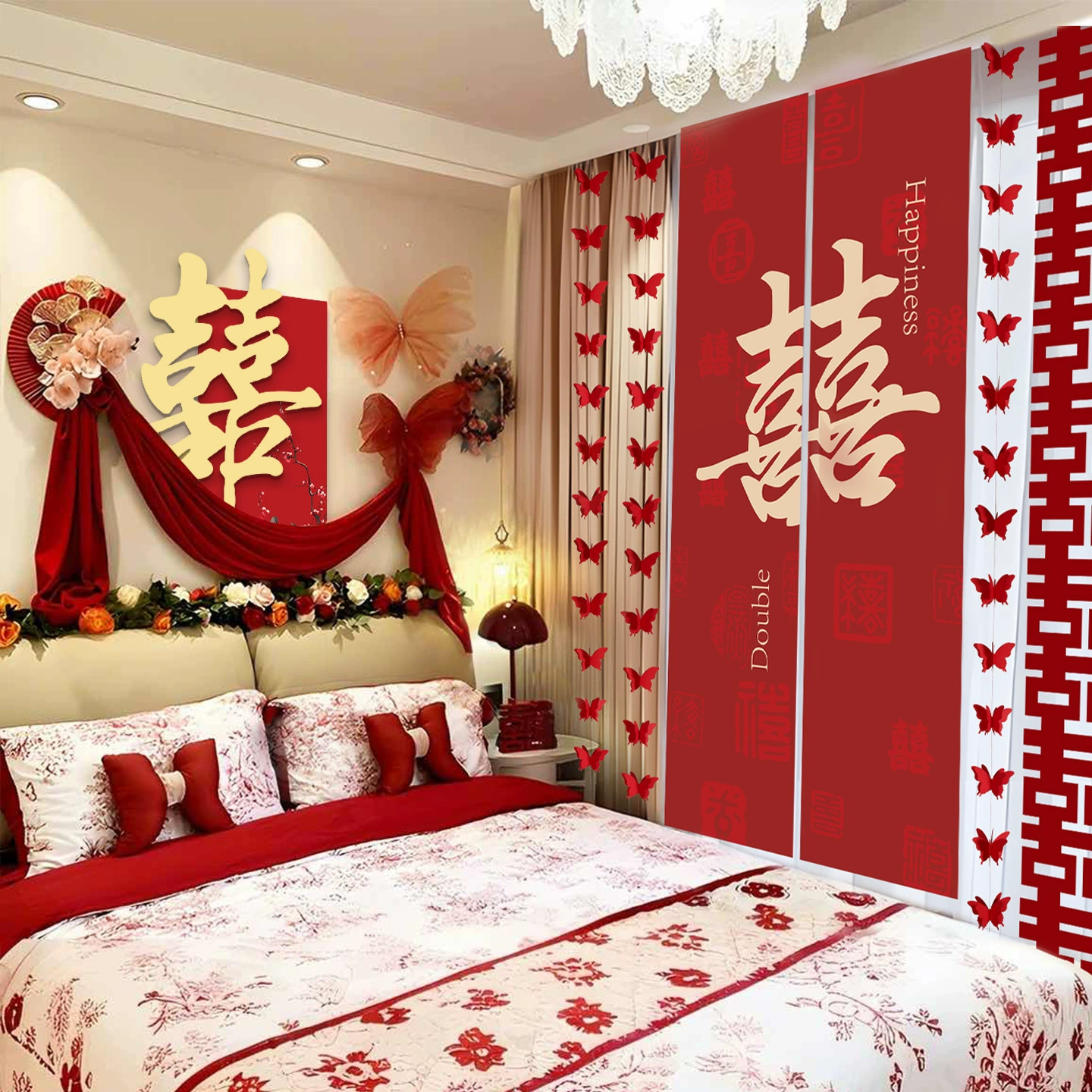 Композиция для оформления свадебной комнаты: фото-стена, фон гостиной, спальни, набор настенных наклеек с надписью счастья, цветы, элемента украшения возле кровати